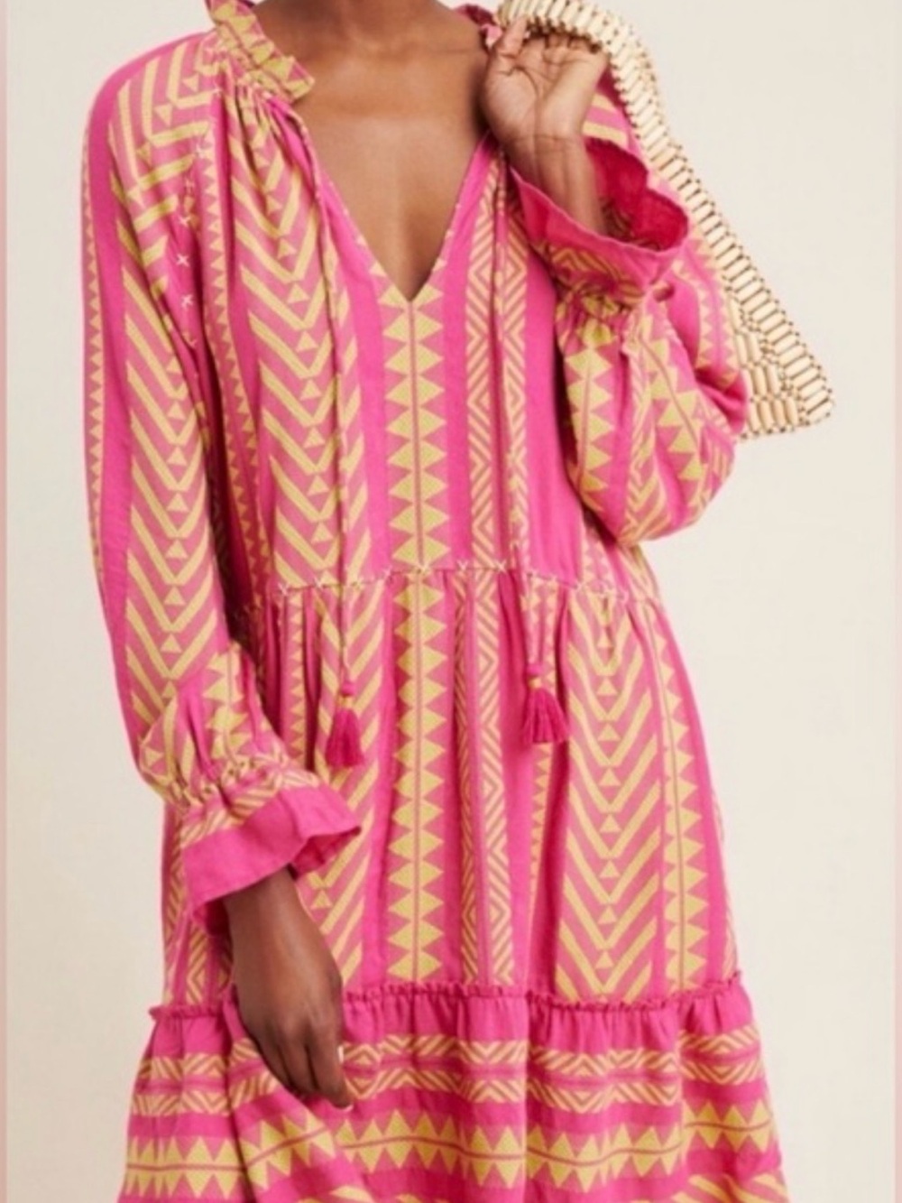 Anthropologie Pink & Yellow Printed Long-Sleeve Tiered Dress